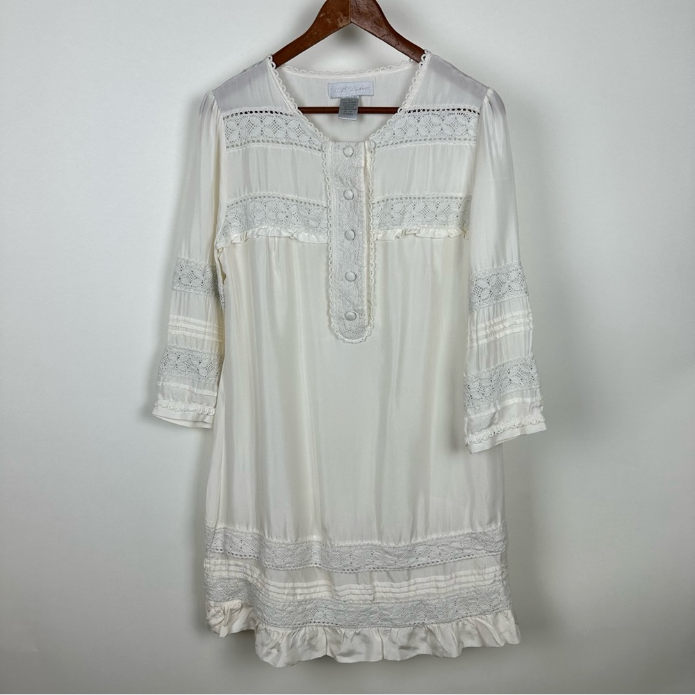 BB Dakota Silk Lace Tunic Short Dress Boho Vintage Romantic Cottagecore Ivory - Picture 3 of 11